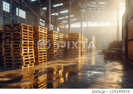 Warehouse Filled With Wooden Pallets Warehouse Filled With Wooden Pallets 114149978