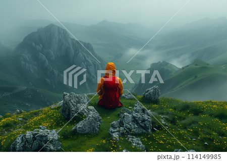 Person Sitting on Lush Green Hillside Person Sitting on Lush Green Hillside 114149985