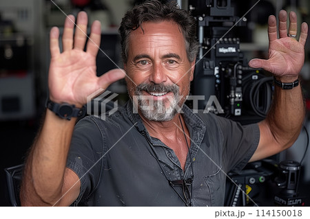Man Holding Hands Up in Front of Camera 114150018