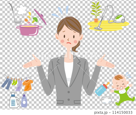 Balancing work, housework and childcare, stress, busy mother, working woman 114150033