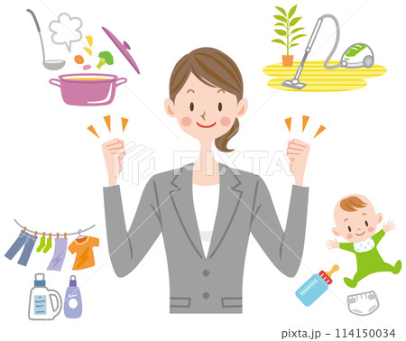 仕事と家事を両立する女性のイラスト　忙しい、共働き、子育て、家事、育児 114150034