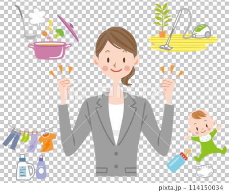 仕事と家事を両立する女性のイラスト　忙しい、共働き、子育て、家事、育児 114150034