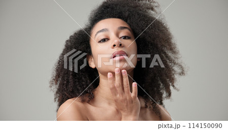 Beauty and healthcare concept - beautiful African American woman with curly afro hairstyle and clean, healthy skin touches her cheek and face with her hand, posing and looking at the camera 114150090