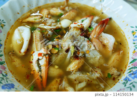 Crab porridge in white bowl seafood porridge in Thailand Crab porridge in white bowl seafood porridge in Thailand 114150134