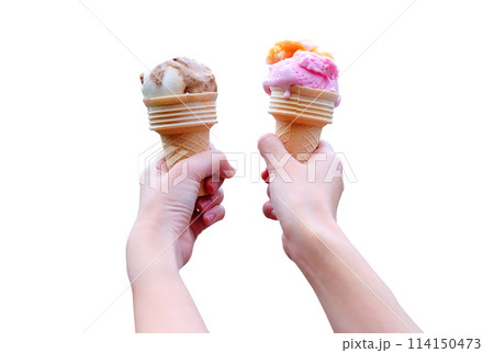 Closed up woman hand holding couple Waffle strawberry and chocolate Ice Cream isolated on white background 114150473