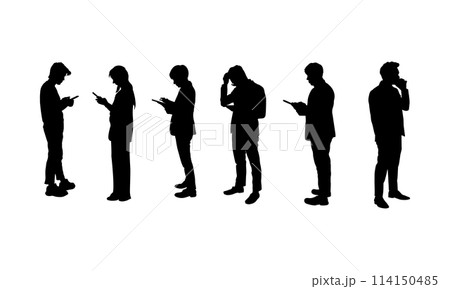 graphics silhouette Business woman and man hold smartphone for connection by technology vector illustration 114150485