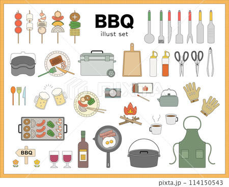 バーベキュー　アウトドア　イラスト　セット　BBQ　乾杯　調理器具　線画　バリエーション　かわいい 114150543