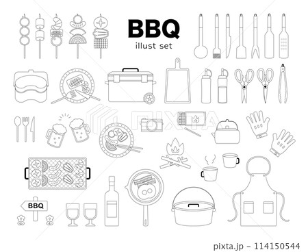 バーベキュー　アウトドア　イラスト　セット　BBQ　乾杯　調理器具　線画　線　白黒　バリエーション 114150544