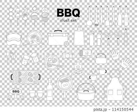 バーベキュー　アウトドア　イラスト　セット　BBQ　乾杯　調理器具　線画　線　白黒　バリエーション 114150544