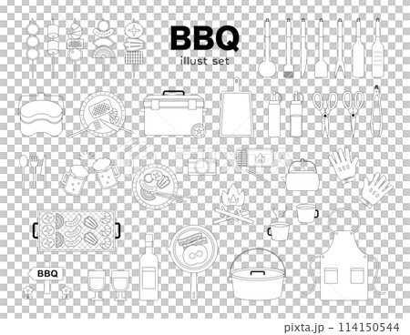 バーベキュー　アウトドア　イラスト　セット　BBQ　乾杯　調理器具　線画　線　白黒　バリエーション 114150544