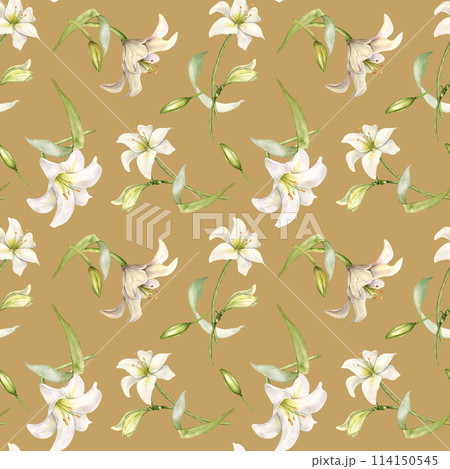 Flowers pastel color seamless pattern isolated on beige. White lilies watercolor background. Backdrop with lilium and leaves. Floral design for wedding invitation, christening, Easter card, textile 114150545