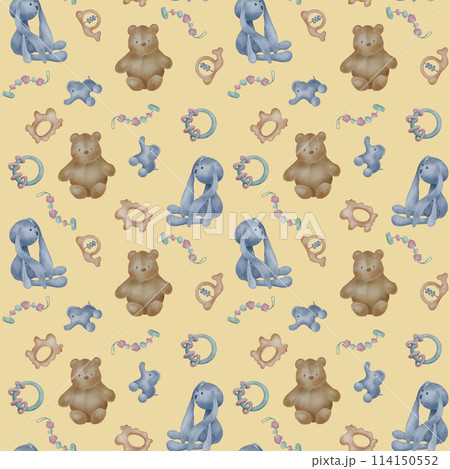 Toddler various toys seamless pattern isolated on beige. Teddy bear and soft hare toy, beanbag in watercolor hand drawn . Accessories for little children in pastel shades. Design for textile, fabric 114150552