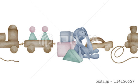 Toys for little children in neutral colors seamless border isolated on white. Geometric blocks, soft bunny hand drawn. Stacking train toddler toy in pastel colors. Elements for print, decoration room 114150557