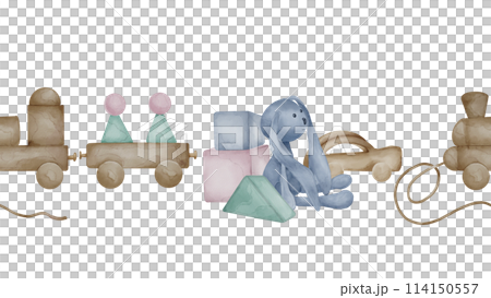 Toys for little children in neutral colors seamless border isolated on white. Geometric blocks, soft bunny hand drawn. Stacking train toddler toy in pastel colors. Elements for print, decoration room 114150557