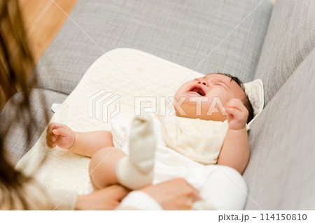 ソファで0歳の赤ちゃんのオムツ替えをする母親 114150810