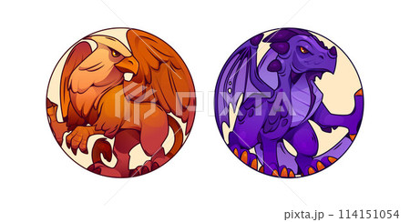 Griffin with wings and dragon game circle icon. 114151054