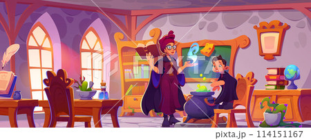 Woman wizard in magic school room with old book Woman wizard in magic school room with old book 114151167