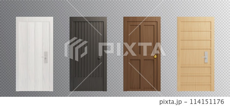 Closed wooden front doors of different colors 114151176