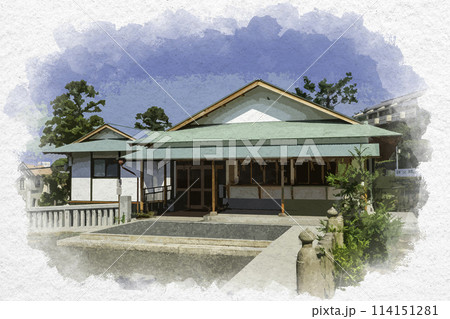 水彩画風　鶴崎神社　参集殿　岡山県都窪郡早島町 114151281
