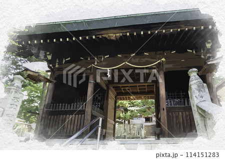水彩画風　鶴崎神社　随身門　岡山県都窪郡早島町 114151283