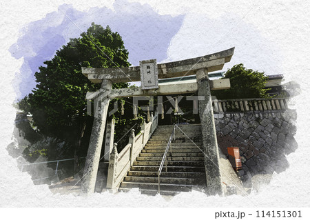 水彩画風 鶴崎神社 鳥居 岡山県都窪郡早島町 水彩画風 鶴崎神社 鳥居 岡山県都窪郡早島町 114151301