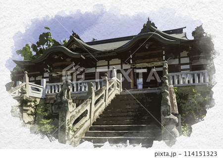 水彩画風　鶴崎神社　拝殿　岡山県都窪郡早島町 114151323