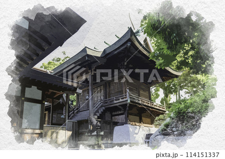 水彩画風　鶴崎神社　本殿　岡山県都窪郡早島町 114151337
