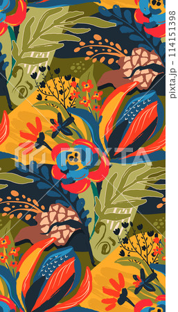 Vector seamless pattern with bright flowers and leaves. Endless floral background 114151398