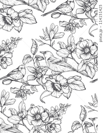 Beautiful hand drawn vector seamless pattern with black and white garden flowers birds. Endless background with spring garden plants Beautiful hand drawn vector seamless pattern with black and white garden flowers birds. Endless background with spring garden plants 114151425