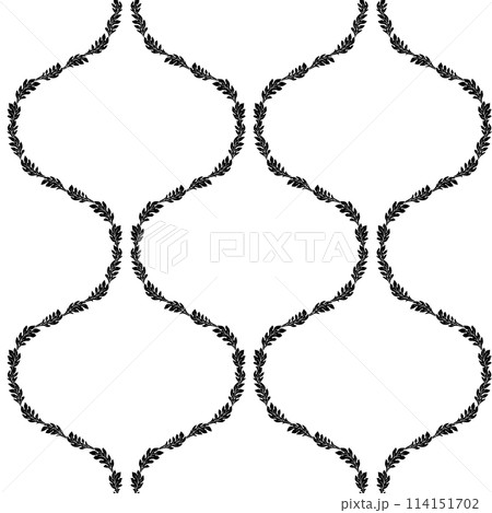 Seamless pattern with black floral ogee geometrical motifs on a white background 114151702