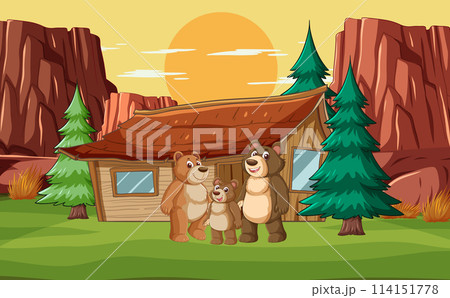 Happy Bear Family Outside Wooden Cabin 114151778