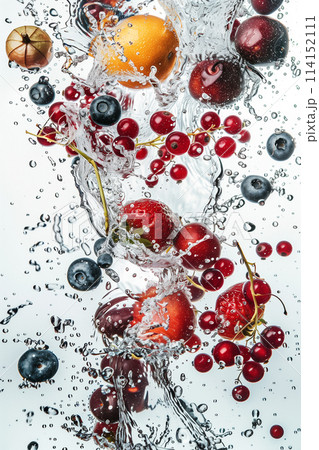 Vibrant water splash with fruits and berries on white background 114152111