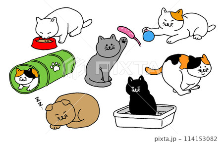 猫の暮らしイラストセット 猫の暮らしイラストセット 114153082