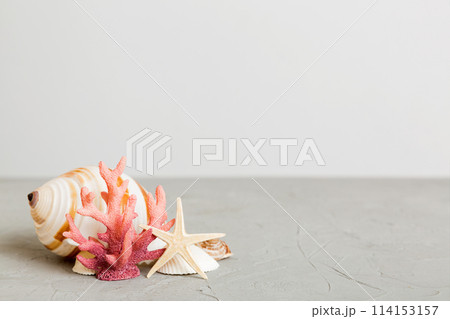 Summer time concept with sea shells or starfish on a table background with copy space for text Summer time concept with sea shells or starfish on a table background with copy space for text 114153157