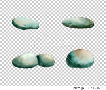 Underwater sea stones watercolor illustration set isolated on white. Hand drawn pebbles in green turquoise monochrome colors of round and oval shape for nautical and marine designs 114153633