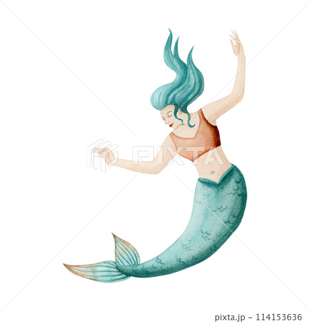Watercolor mermaid girl in orange and turquoise blue colors illustration isolated on white. Mermaid women month character with raised hands and hair in realistic style Watercolor mermaid girl in orange and turquoise blue colors illustration isolated on white. Mermaid women month character with raised hands and hair in realistic style 114153636