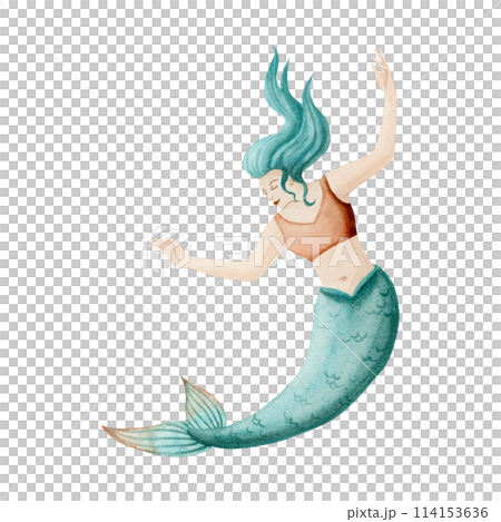 Watercolor mermaid girl in orange and turquoise blue colors illustration isolated on white. Mermaid women month character with raised hands and hair in realistic style 114153636