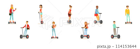 Young Man and Woman Ride Unicycle and Hoverboard Vector Set Young Man and Woman Ride Unicycle and Hoverboard Vector Set 114153644