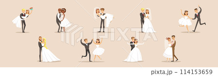 Couple of Bride and Groom Newly Weds Vector Set 114153659