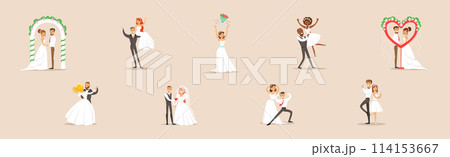 Couple of Bride and Groom Newly Weds Vector Set 114153667