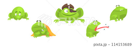 Funny Green Frog Character Engaged in Different Activity Vector Set 114153689
