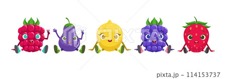 Funny Fruit and Vegetable Sit with Smiling Face Vector Set Funny Fruit and Vegetable Sit with Smiling Face Vector Set 114153737