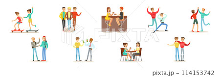 Young Man and Woman Friends Spend Time Together Vector Set 114153742