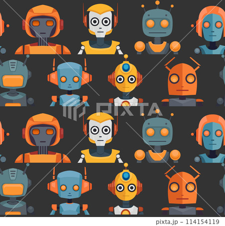 Child cheerful pattern with bright cartoon robots on gray background. Childish technology surface design. Flat texture with various cyborg toys 114154119
