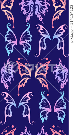 Vector seamless neon pattern with gradient silhouettes of butterfly wings in pastel colors on violet background. Magic texture Vector seamless neon pattern with gradient silhouettes of butterfly wings in pastel colors on violet background. Magic texture 114154122