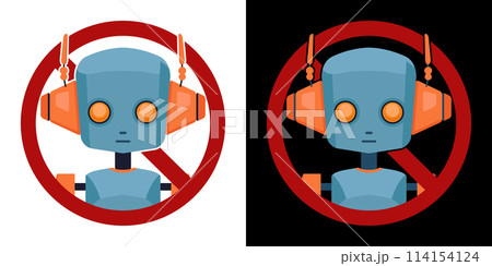 Set of vector cartoon robots in prohibition sign an white and black background. Restrictions on the use of artificial intelligence. 114154124