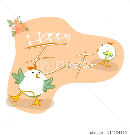 Happy Easter greeting card with cute chickens and bunny. Animal wildlife holiday cartoon character. Vector Happy Easter greeting card with cute chickens and bunny. Animal wildlife holiday cartoon character. Vector 114154539