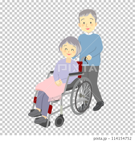 仲良しシニア夫婦が車いすで散歩する様子（妻の車椅子を押す高齢男性） 114154752