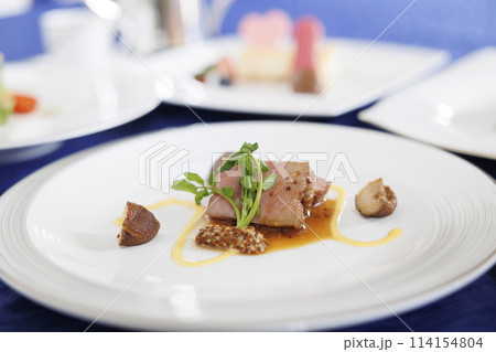 フレンチコースのメインビーフステーキ おしゃれな盛り付けの素材画像 フレンチコースのメインビーフステーキ おしゃれな盛り付けの素材画像 114154804