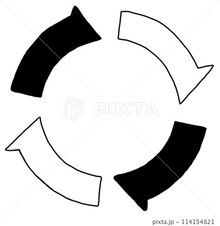 循環する白黒の矢印、おしゃれでシンプルなイラスト。 循環する白黒の矢印、おしゃれでシンプルなイラスト。 114154821